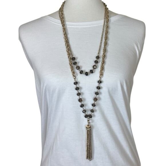 Women’s Necklace Double Strand Tassel Glass Bead Brown Gold 18/20” Length - Picture 10 of 11